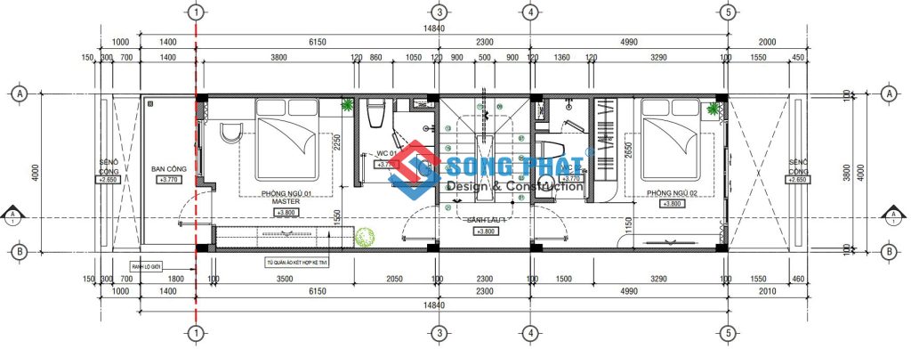 Mặt bằng bố trí vật dụng lầu 1. 