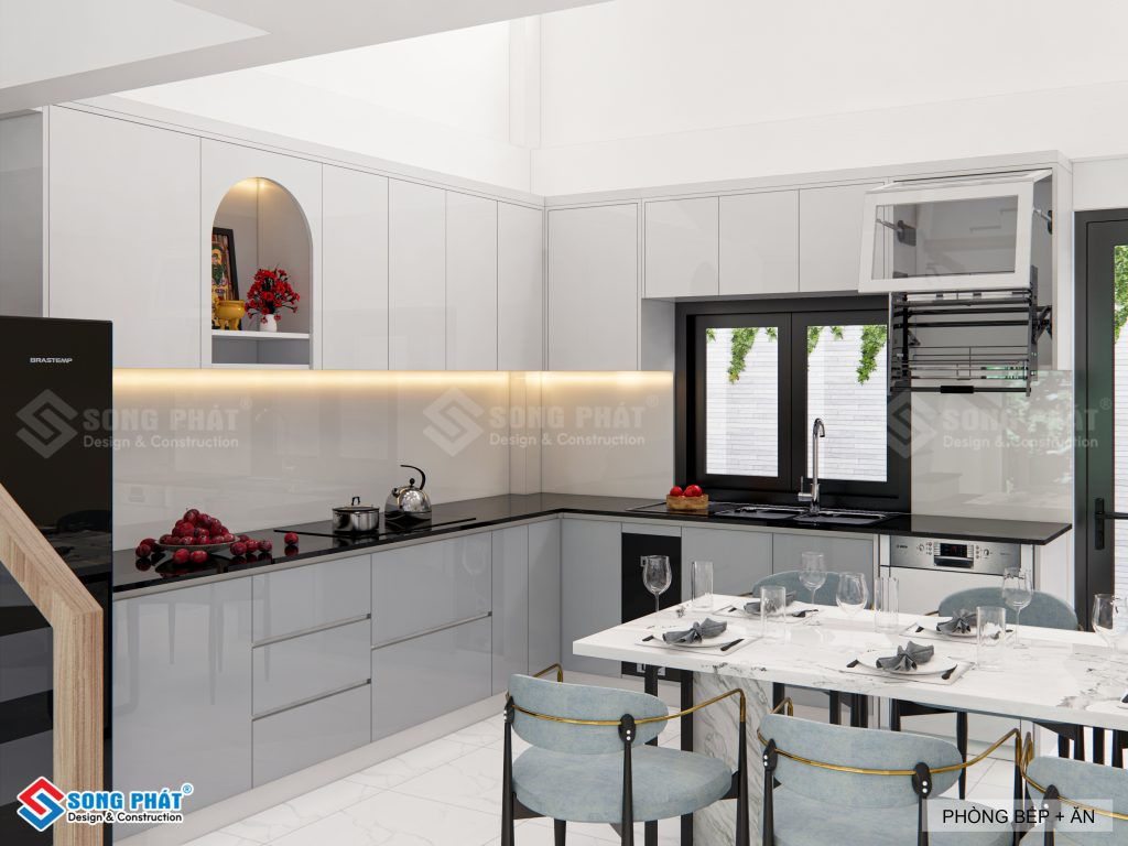 Tủ bếp sử dụng 2 màu sắc trắng - đen tương phản tạo nên nét độc đáo riêng biệt cho không gian này. 