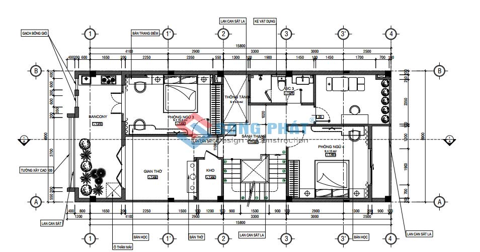 Mặt bằng bố trí lầu 2 thiết kế nhà phố 7x20m