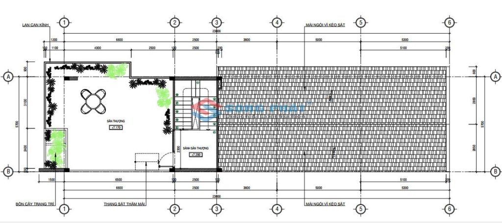 Mặt bằng thiết kế nhà 5m7x23 tầng thượng