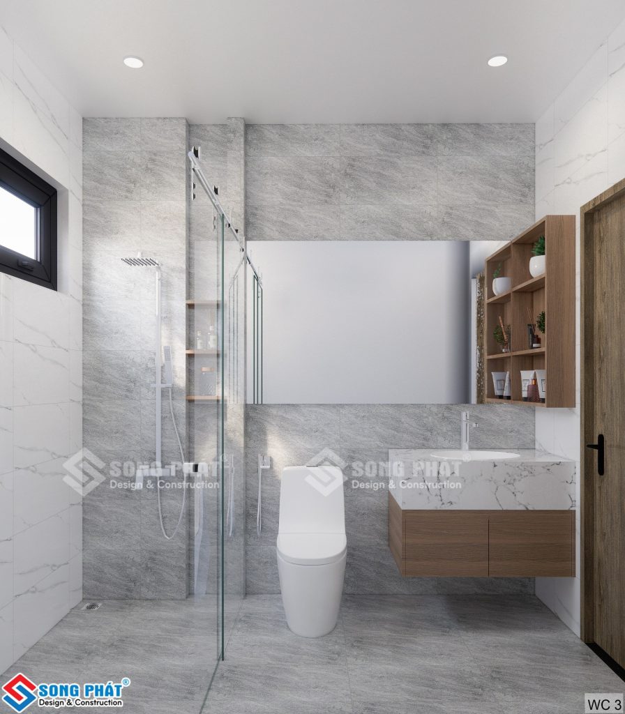 Nhà vệ sinh được thiết kế đơn giản, tối giản về nội thất, chỉ để những vật dụng cần thiết 