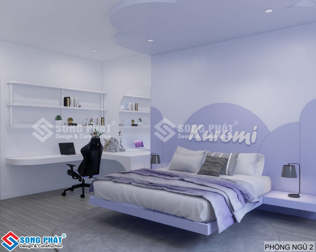 Phòng ngủ màu tím dịu dàng cho bé gái với nội thất thiết kế cực kì đơn giản