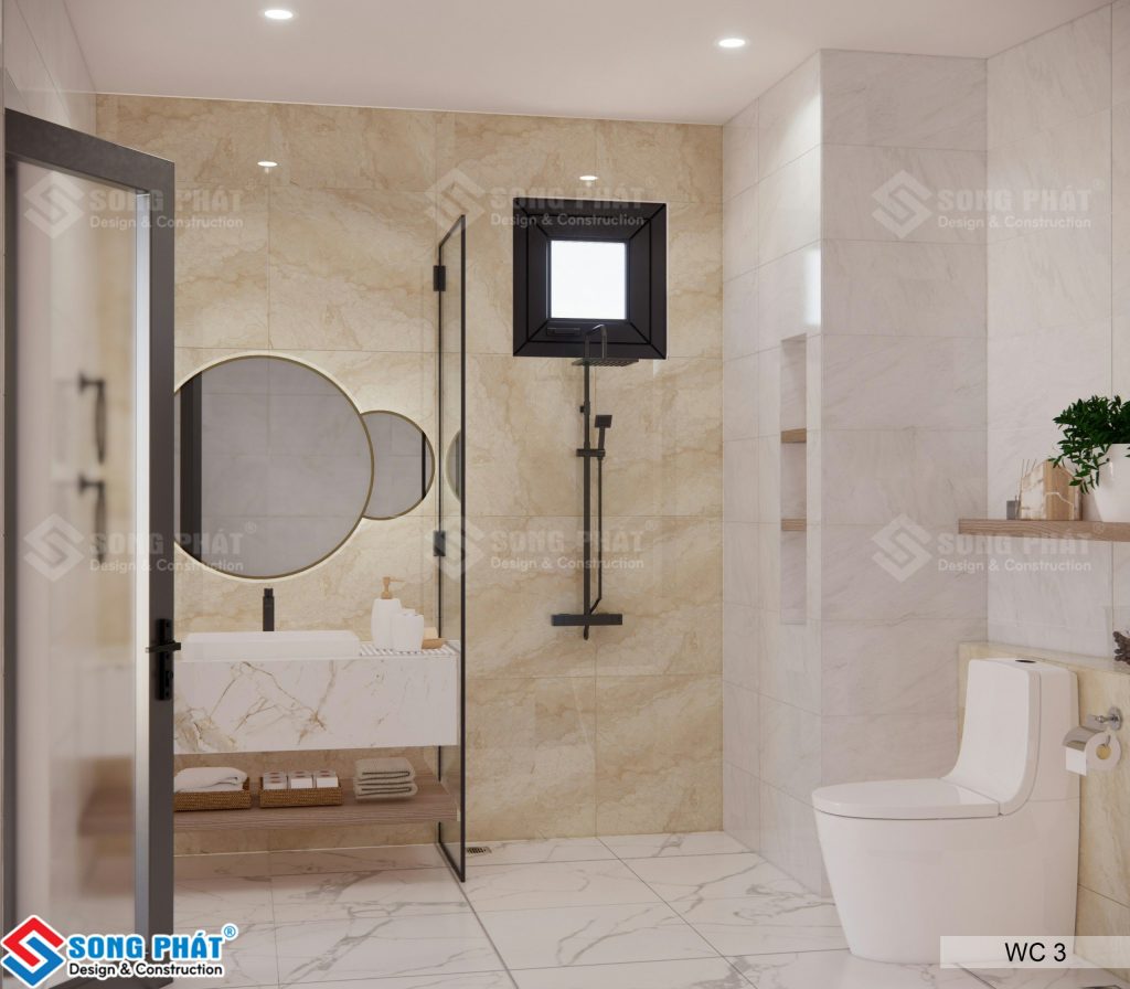Thiết kế phòng tắm kết hợp toilet với tông màu trang nhã và trầm ấm