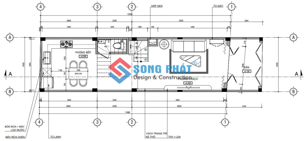 Mặt bằng bố trí vật dụng lầu 1. 