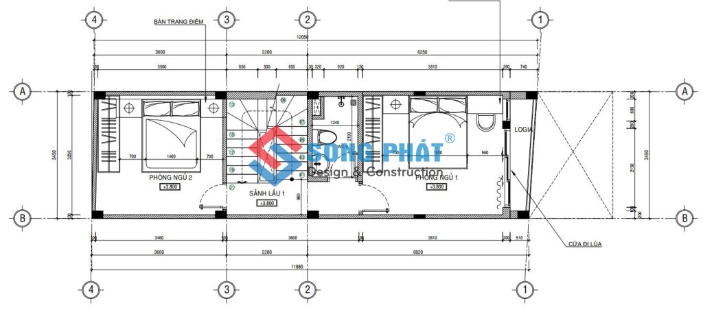 Mặt bằng bố trí vật dụng lầu 2. 