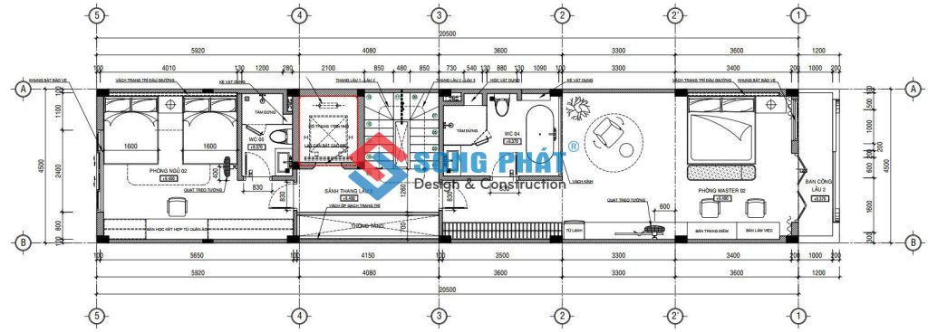 Mặt bằng bố trí vật dụng lầu 2. 