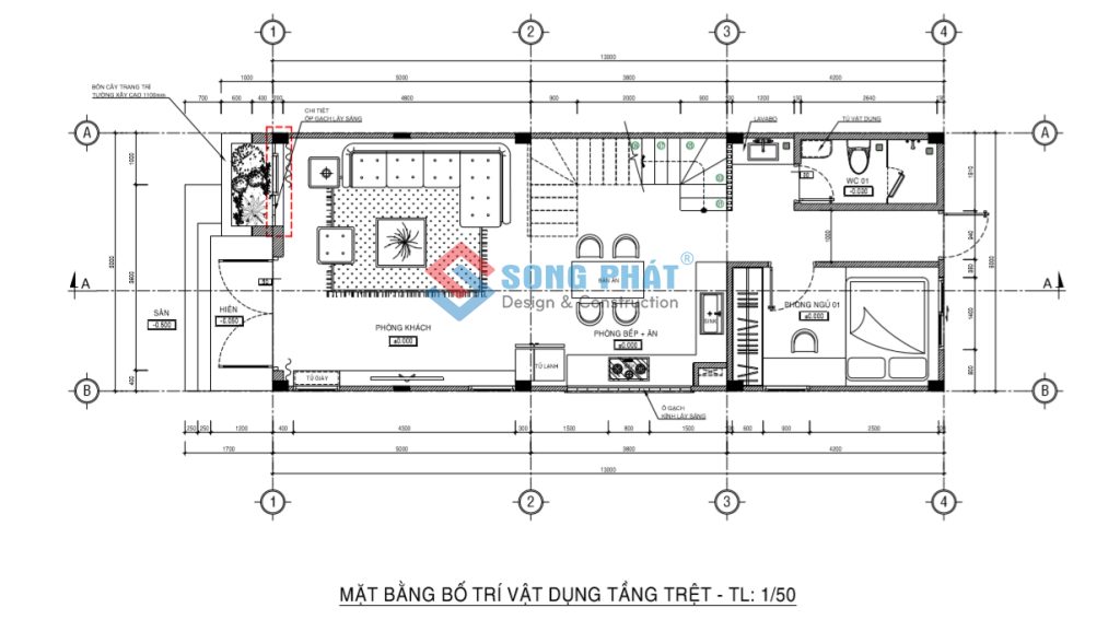 Mặt bằng bố trí vật dụng tầng trệt