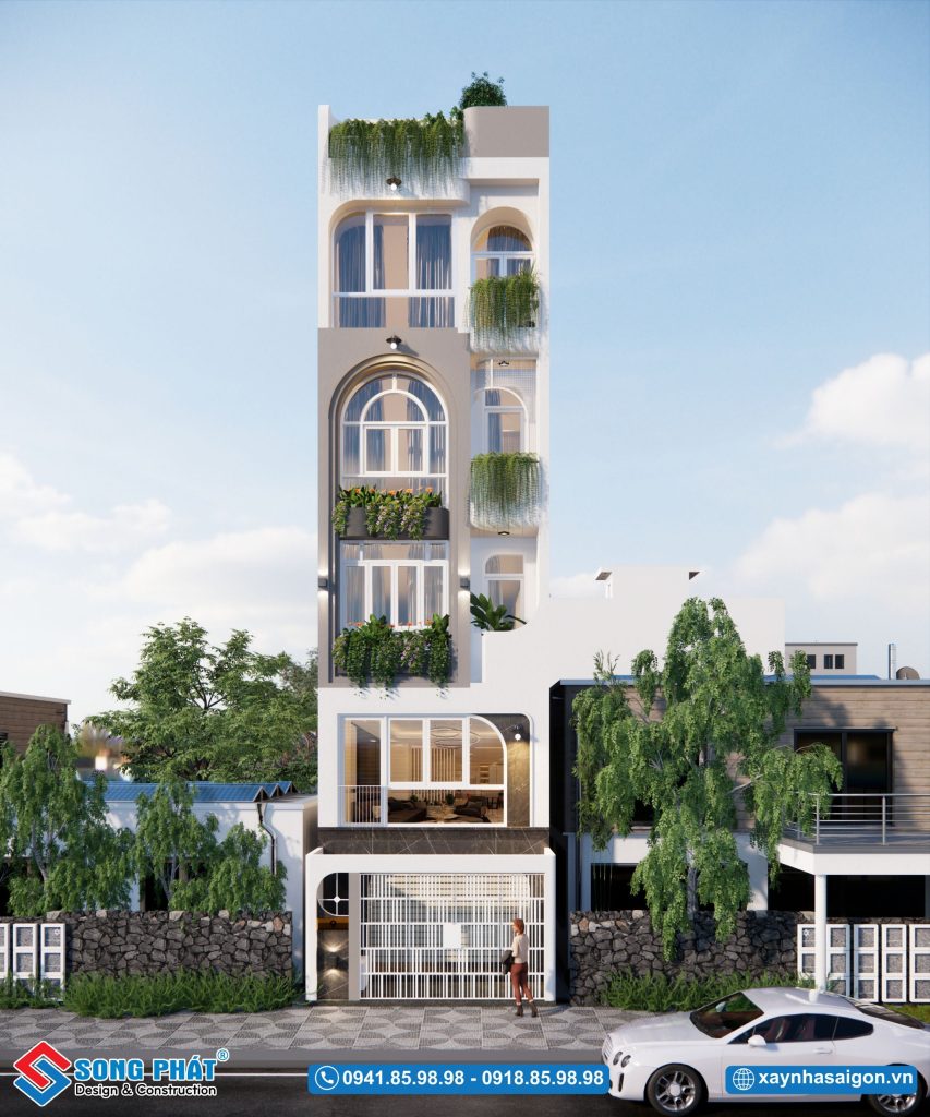 Thiết kế mặt tiền nhà 5 tầng 4m5x24m kết hợp kinh doanh tại Gò Vấp. 