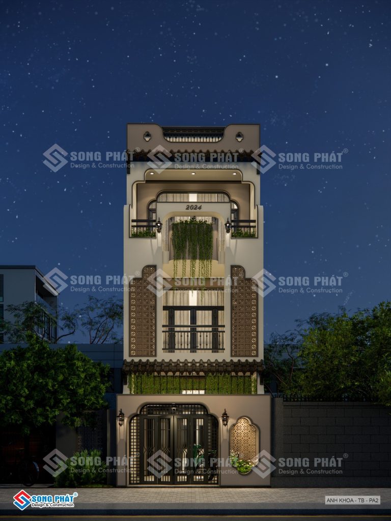 Thiết kế mặt tiền nhà 3 tầng 4x25m mang phong cách Indochine độc đáo. 