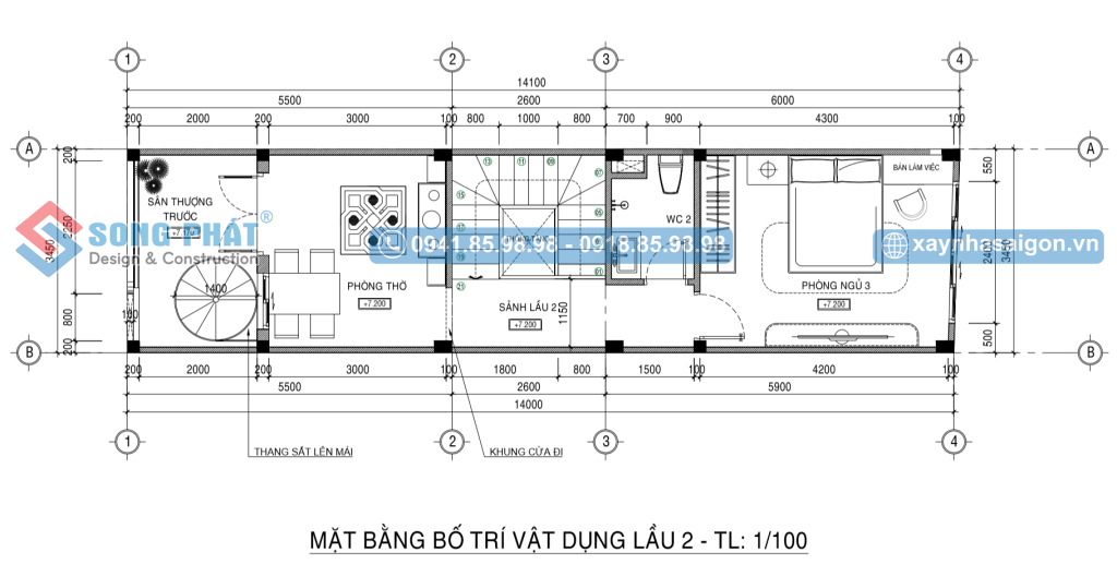 Mặt bằng bố trí vật dụng lầu 2