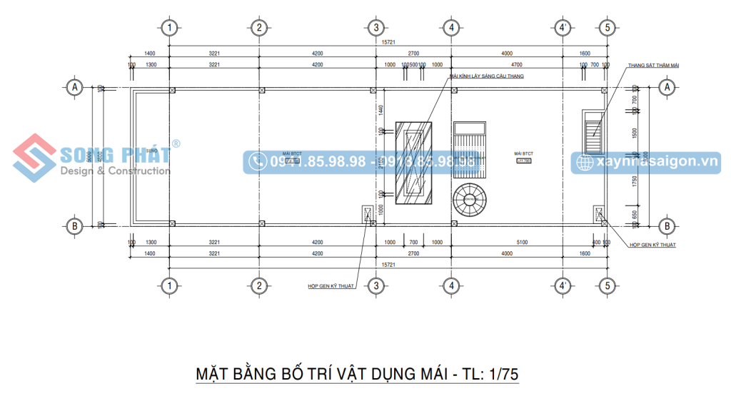 Mặt bằng sàn mái thể hiện rõ chi tiết