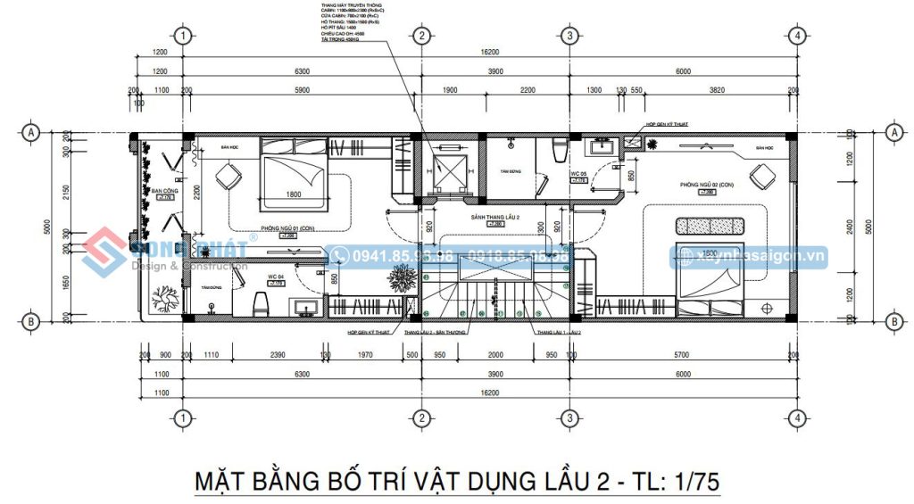 Mặt bằng bố trí vật dụng lầu 2