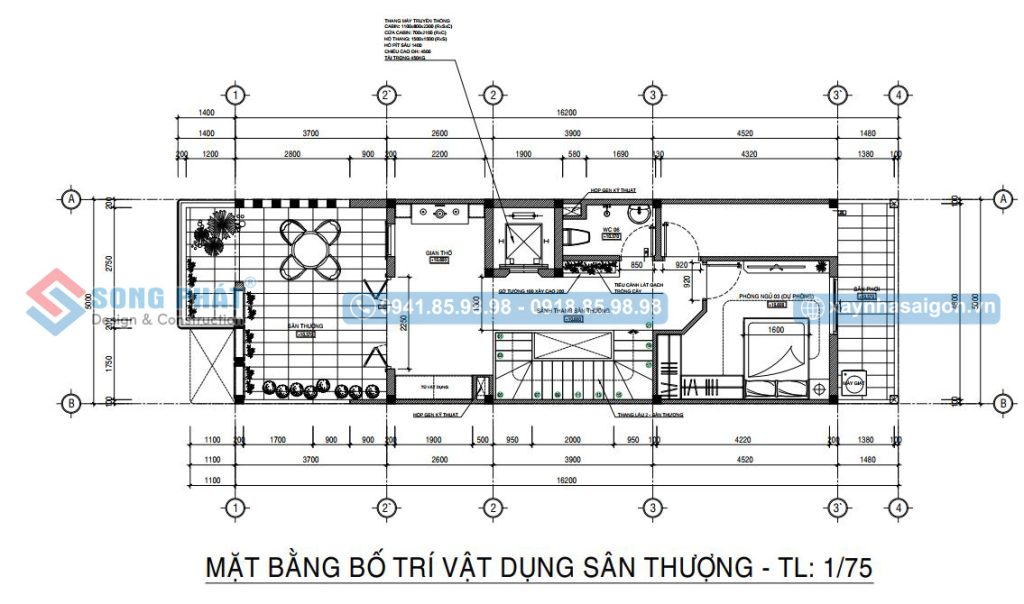 Mặt bằng bố trí vật dụng lầu 3 - sân thượng