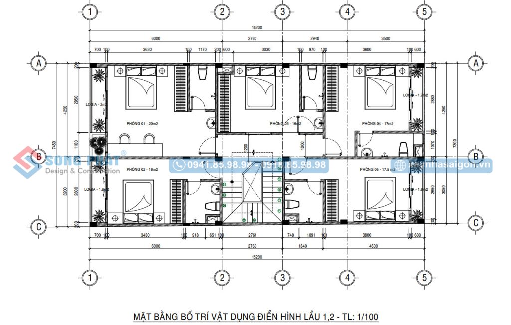 Mặt bằng bố trí vật dụng lầu 1, 2