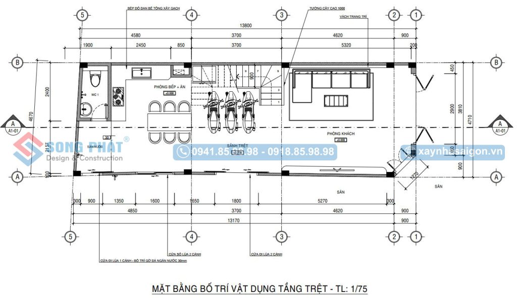 Mặt bằng bố trí vật dụng tầng trệt 