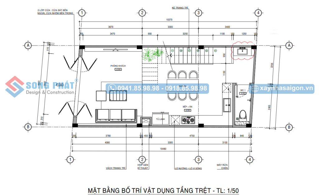 Mặt bằng bố trí vật dụng tầng trệt