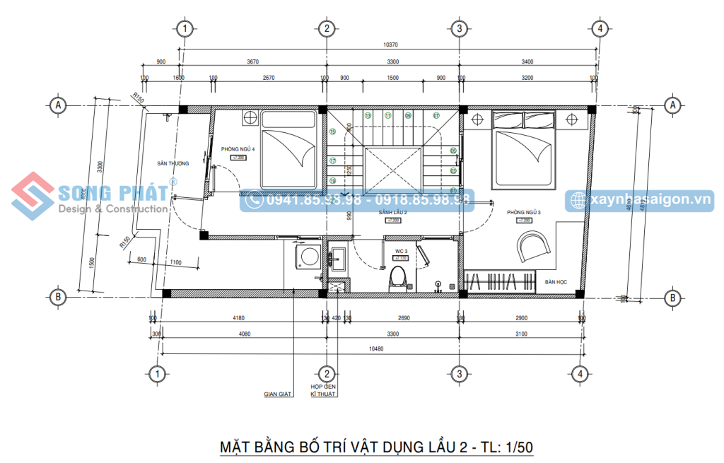 Mặt bằng bố trí vật dụng lầu 2