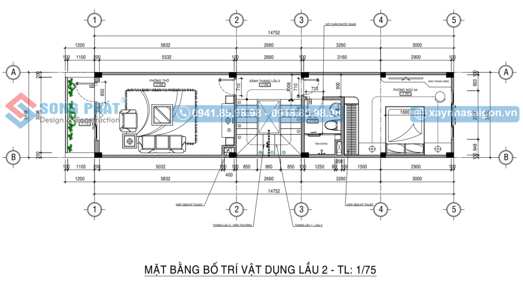 Mặt bằng bố trí vật dụng lầu 2