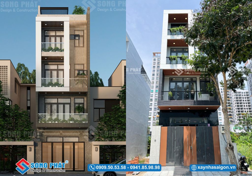 Mặt tiền hoàn thiện giống với phối cảnh