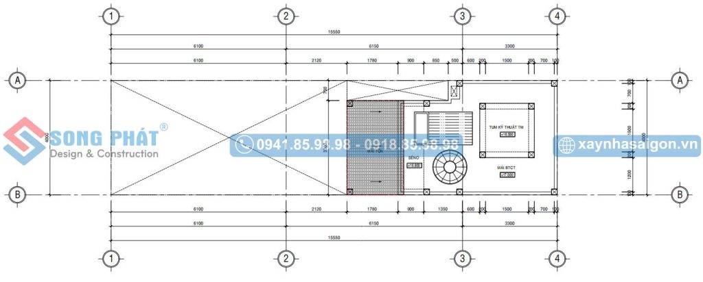 Mặt bằng mái BTCT nhà phố 4x14m5 trệt 3 lầu sân thượng 