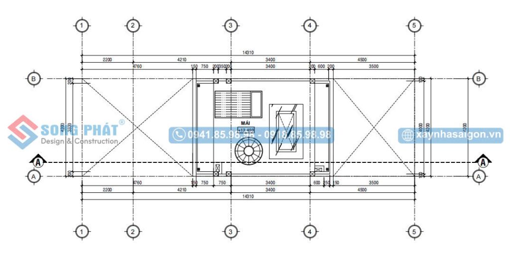 Mặt bằng mái BTCT cho thiết kế nhà trệt 2 lầu sân thượng 4x14m5 