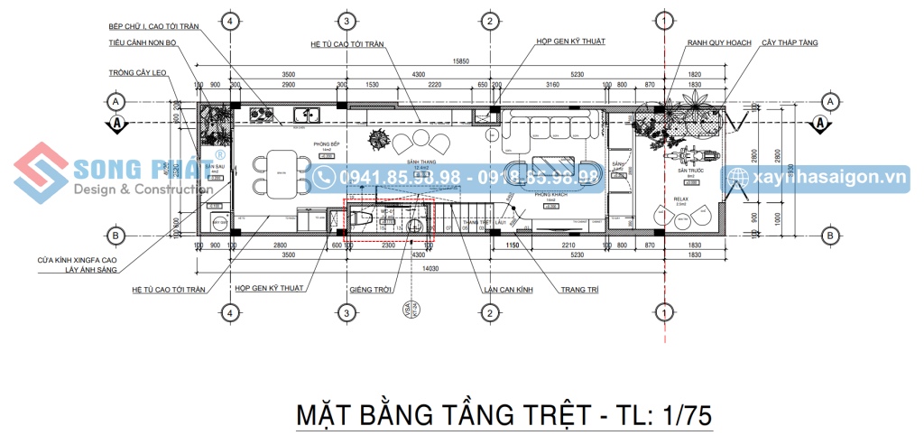 Mặt bằng tầng trệt với bố trí sân trước và không gian sinh hoạt