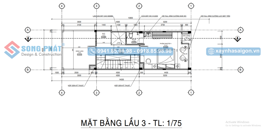 Mặt bằng lầu 3 với phòng ngủ master và không gian lưu trữ