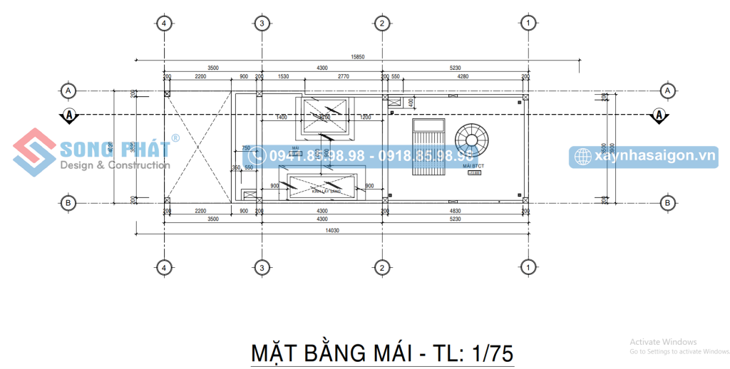 Mặt bằng sàn mái có hệ thống máy nước nóng