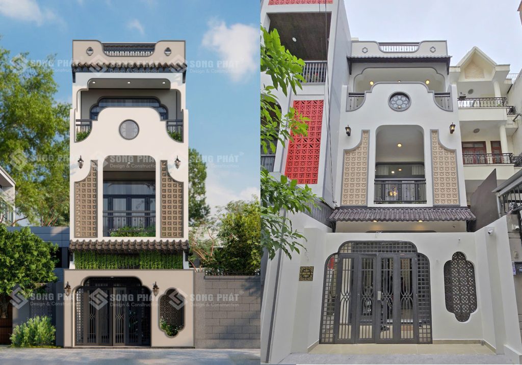 Mặt tiền hoàn thiện giống với phối cảnh