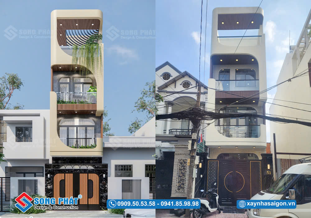 Mặt tiền hoàn thiện giống với phối cảnh