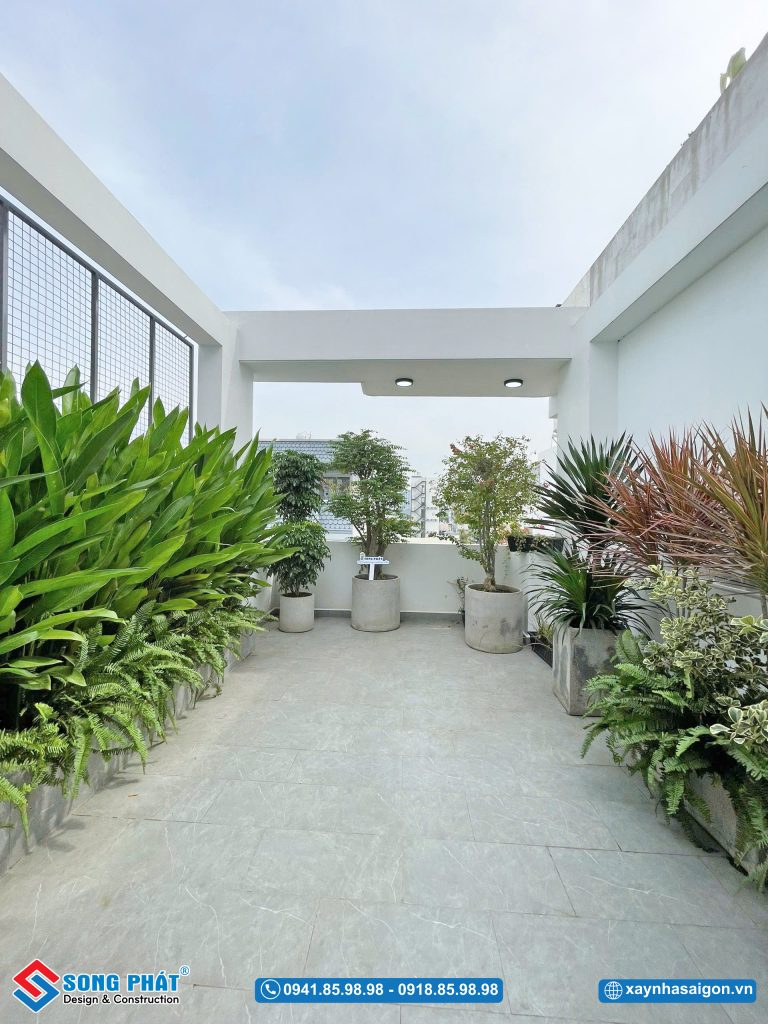 Sân thượng thoáng đãng, cây cối tạo điểm nhấn tươi mới cho ngôi nhà.
