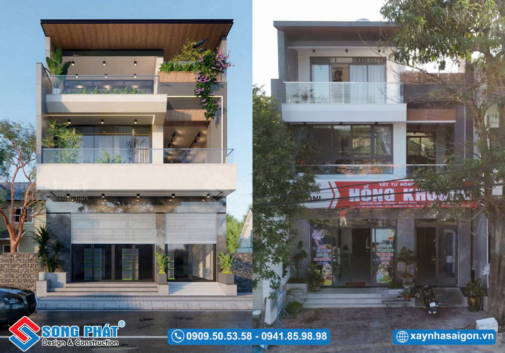 Mặt tiền hoàn thiện giống với phối cảnh
