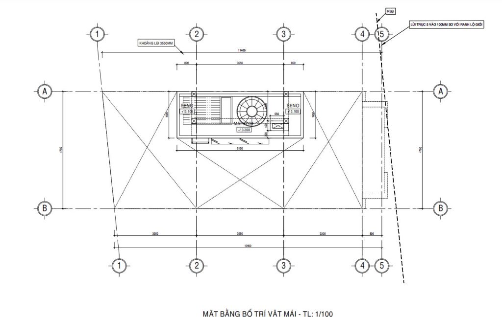 Mặt bằng bố trí vật dụng mái bằng BTCT nhà 2 mặt tiền 4m7x11m5