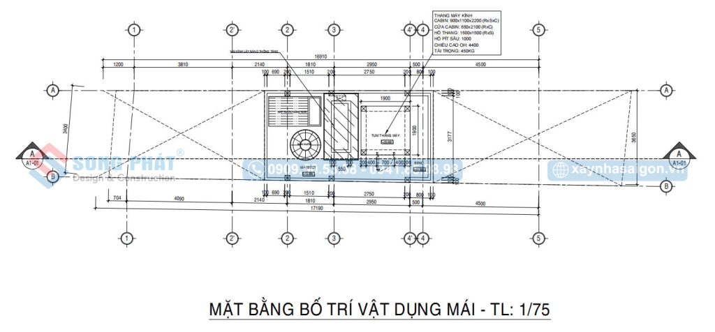 Mặt bằng bố trí vật dụng mái của thiết kế nhà 3m5x18m