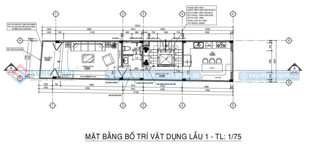 Mặt bằng bố trí vật dụng lầu 1