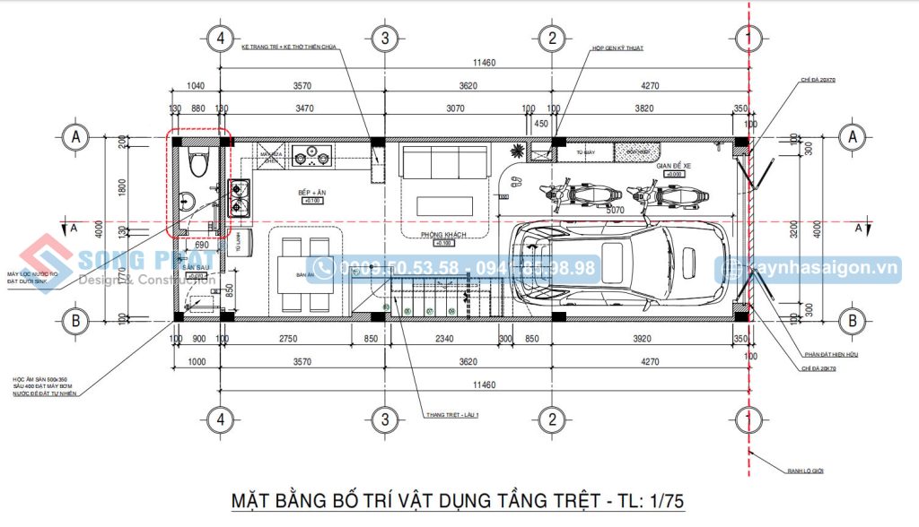 Mặt bằng bố trí vật dụng tầng trệt