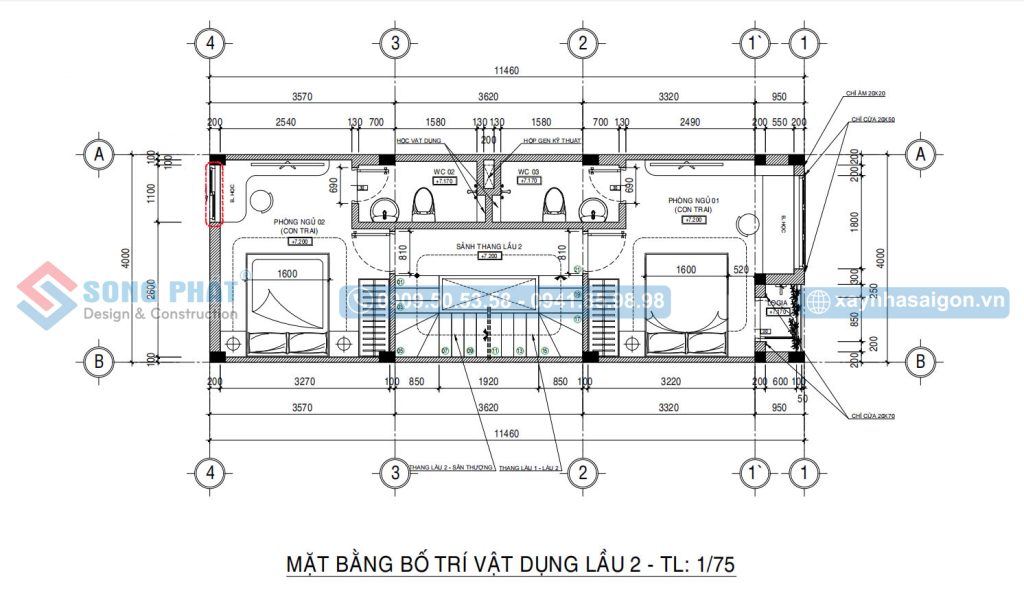 Mặt bằng bố trí vật dụng lầu 2