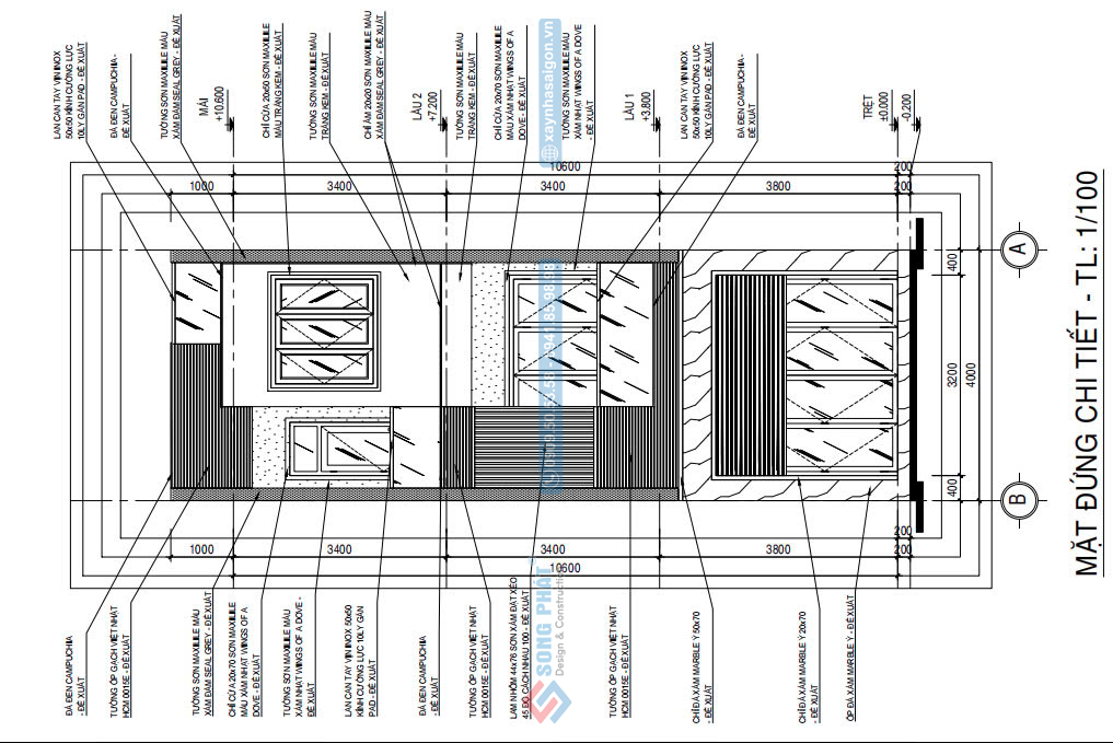 Mặt đứng chi tiết được ghi chú đầy đủ có trong hồ sơ thiết kế nhà 3 tầng 4x12m5