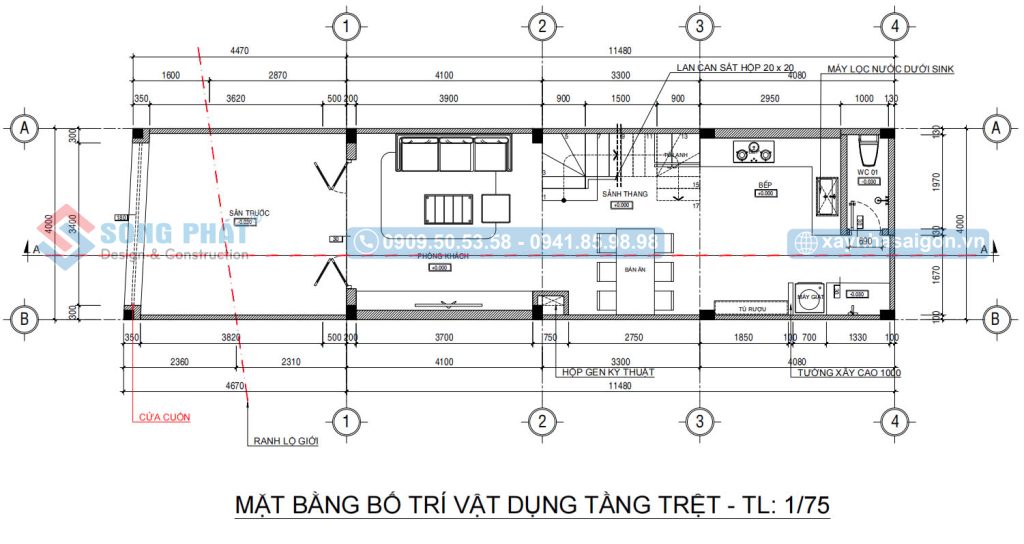 Mặt bằng bố trí vật dụng tầng trệt