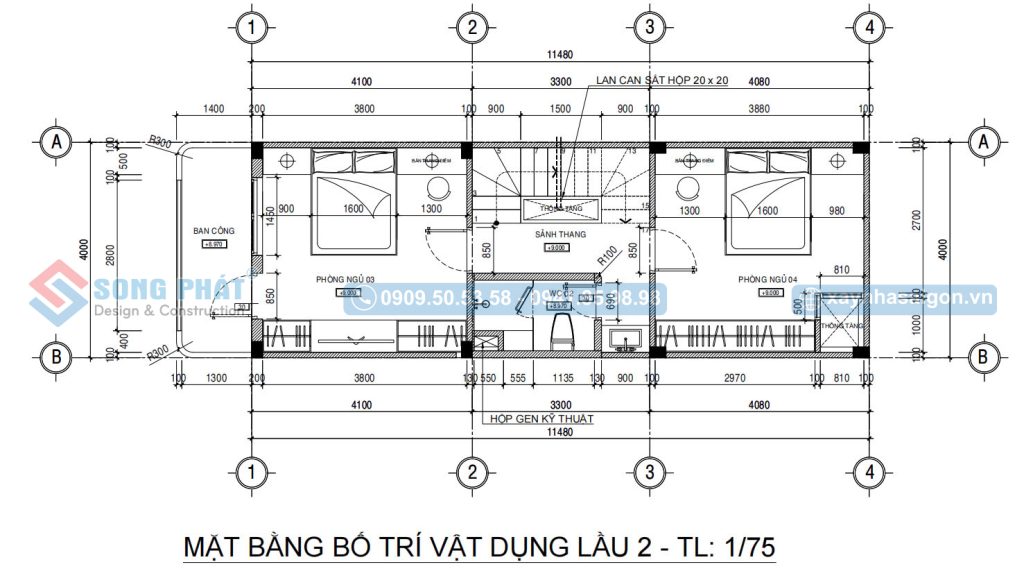 Mặt bằng bố trí vật dụng lầu 2