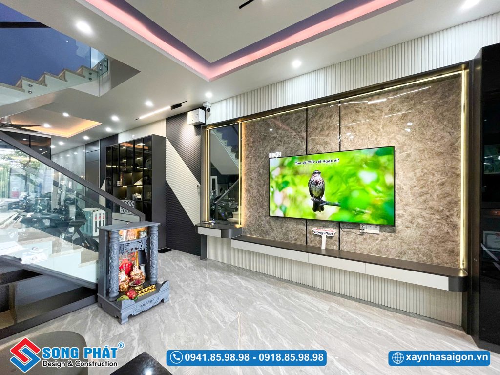 Vách PVC trang trí khu vực TV làm tăng tính thẩm mỹ cho tổng thể không gian