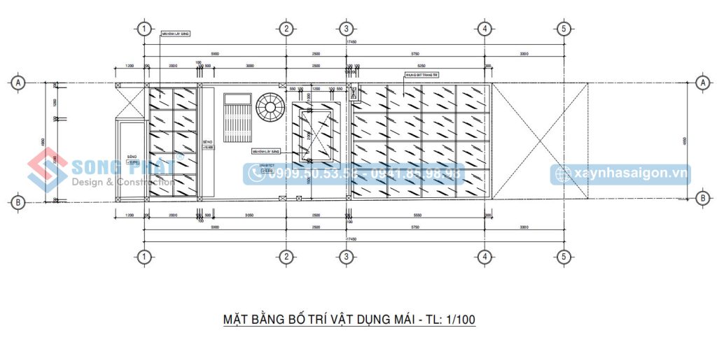 Mặt bằng bố trí vật dụng mái nhà phố 3 tầng 5x23m