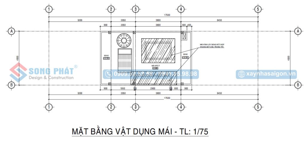 Mặt bằng bố trí vật dụng mái nhà phố 4 tầng 4m5x19m