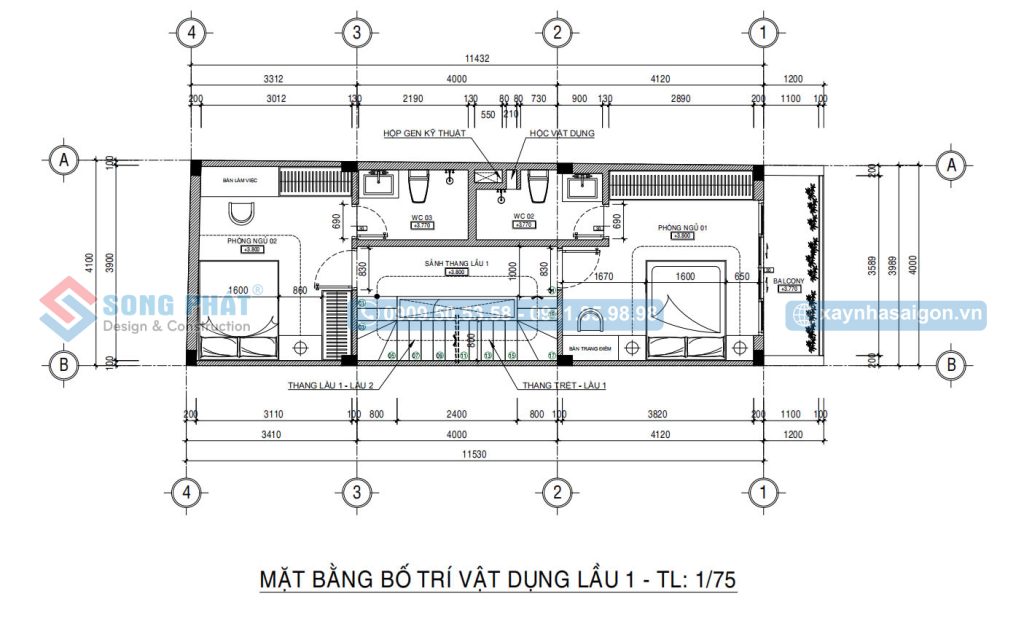 Mặt bằng bố trí vật dụng lầu 1