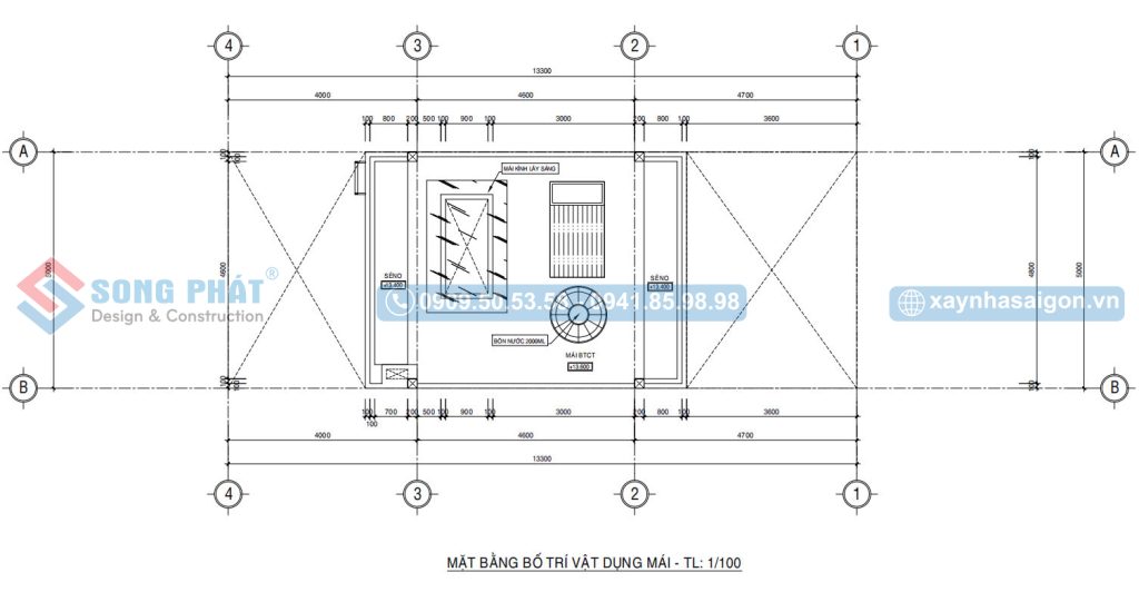 Mặt bằng bố trí vật dụng mái nhà phố 4 tầng 5x18m5