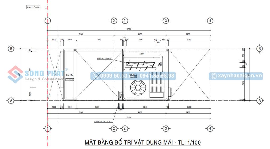 Mặt bằng bố trí vật dụng mái nhà trệt 2 lầu sân thượng 4x13m6