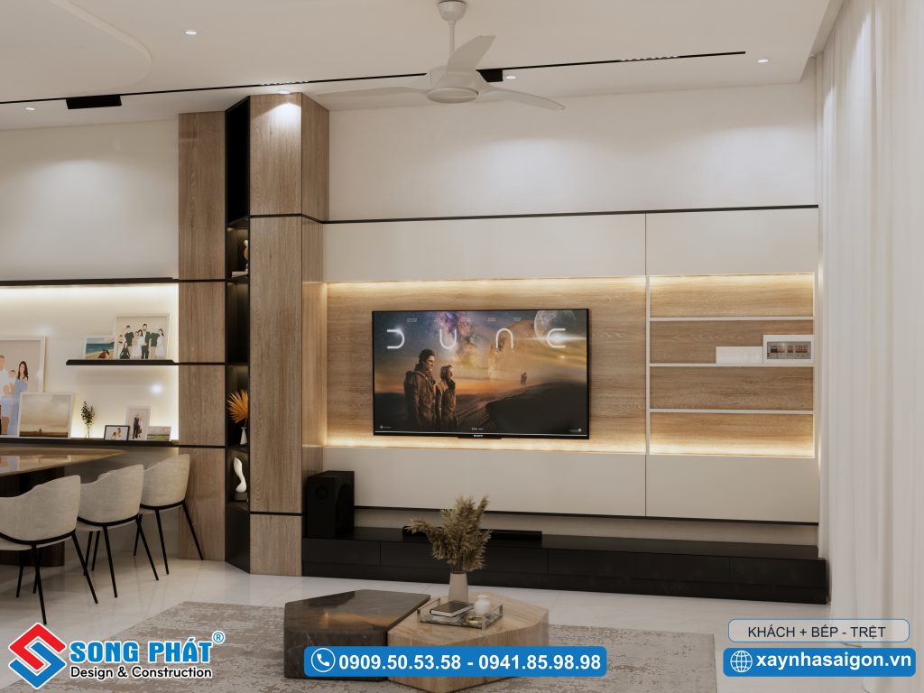Không gian khu vực tủ TV được ốp gỗ MDF tạo nên sự thanh lịch, tinh tế