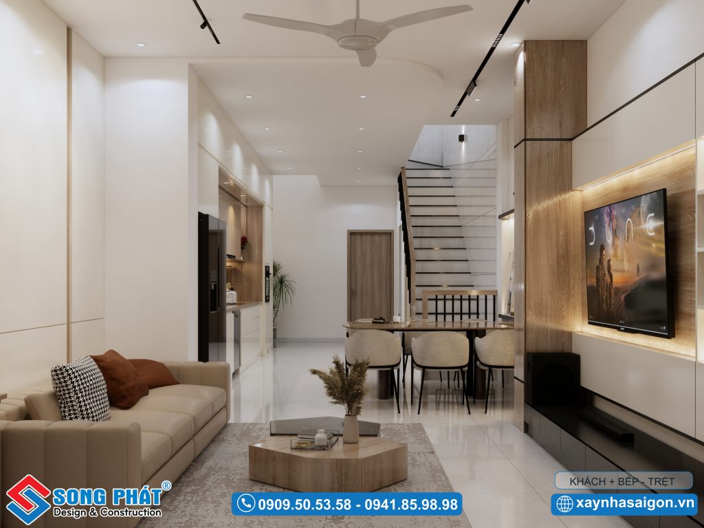 Không gian được mở rộng hơn nhờ sự kết nối giữa phòng khách và bếp