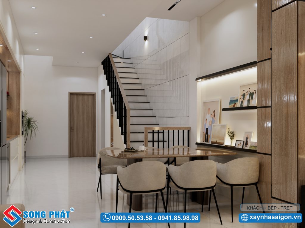 Cầu thang dọc giúp cho không gian trở nên rộng rãi, tối ưu diện tích