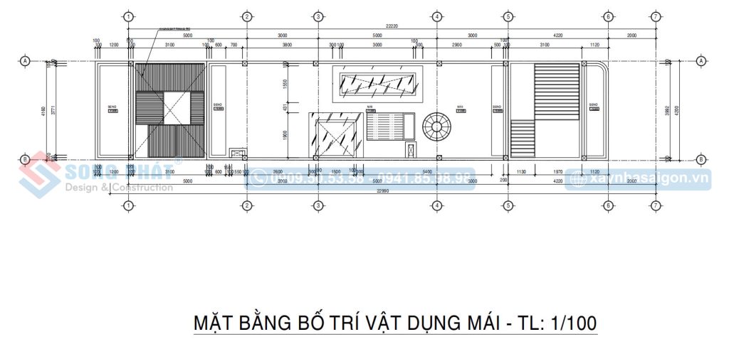 Mặt bằng bố trí vật dụng mái nhà 2 mặt tiền trệt 3 lầu 4m2x23m